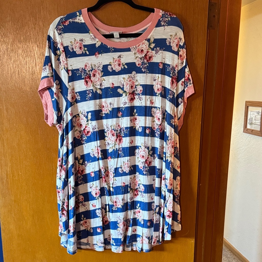 LuLaRoe Erika Blue and White Striped Floral Top